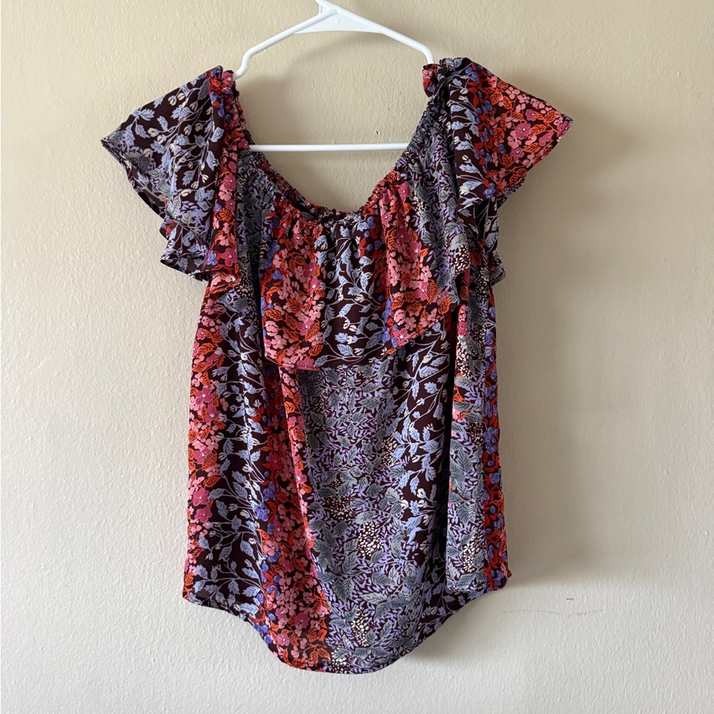 Anthropologie Maeve Mixed Floral Ruffle Off The Shoulder Blouse size XS Boho